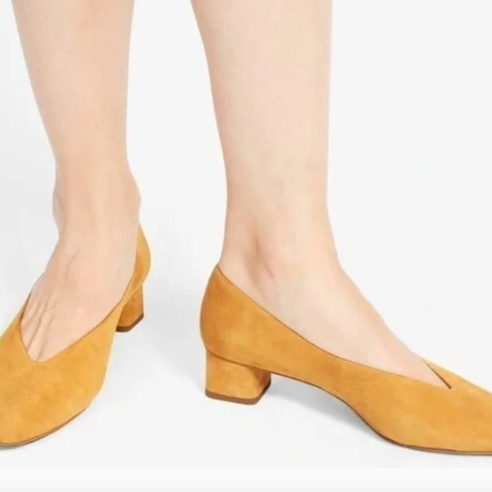 Everlane The V Heel Mustard Yellow Suede Block Heels